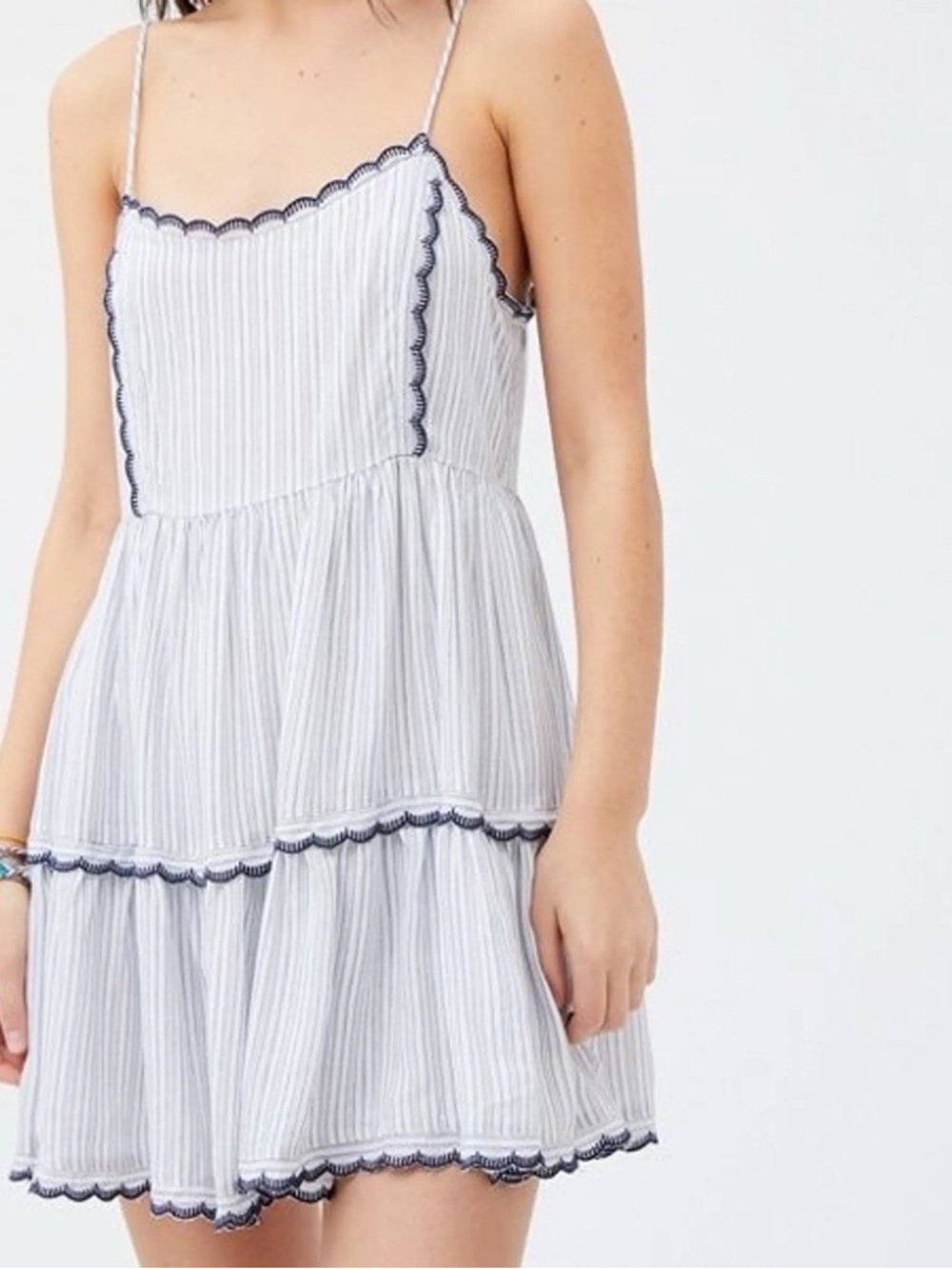 Urban Outfitters Light Blue & White Striped Tiered Mini Dress with Navy Trim